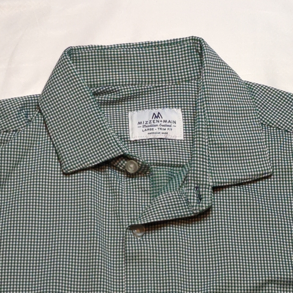 Mizzen + Main Shirt Men's Large Trim Fit Green Check Long Sleeve Button Nylon.